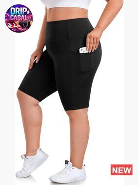 Plus Size 8" High Waisted Biker Shorts with Pockets - Yoga Workout Gym Athletic